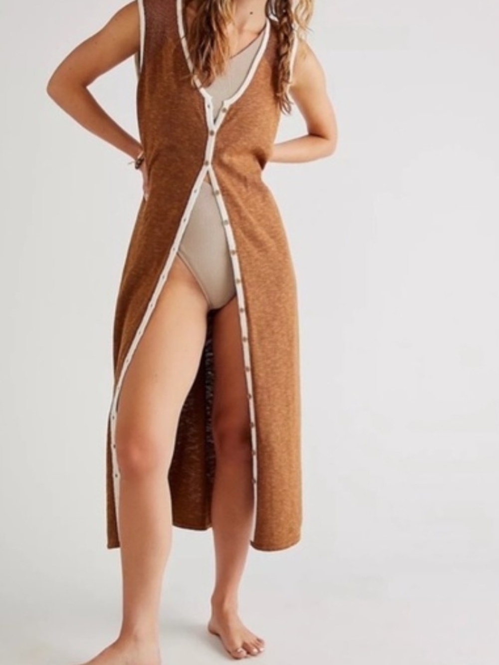 Free People Rust Brown Sleeveless Snap-Front Long Knit Robe